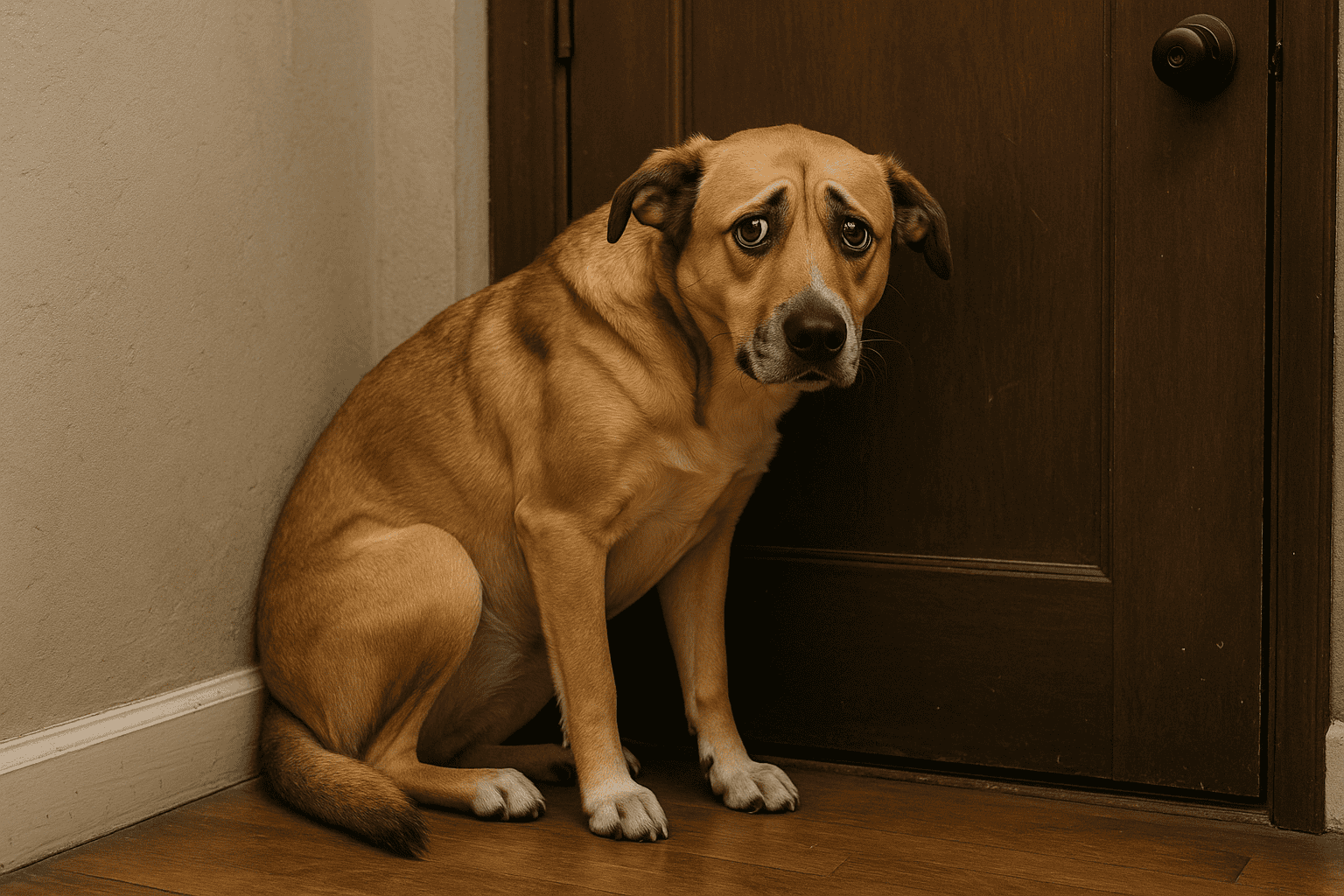 Ängstlicher Hund sitzt an der Tür und leidet unter Trennungsangst.