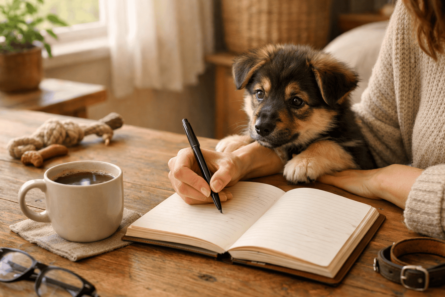 Hundebesitzer notiert mögliche Hundenamen, während ein neugieriger Welpe daneben sitzt
